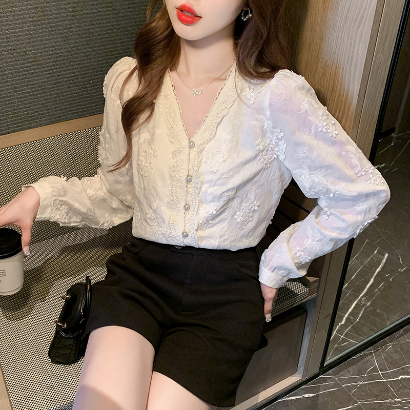 V-neck spring small shirt embroidered shirt for women