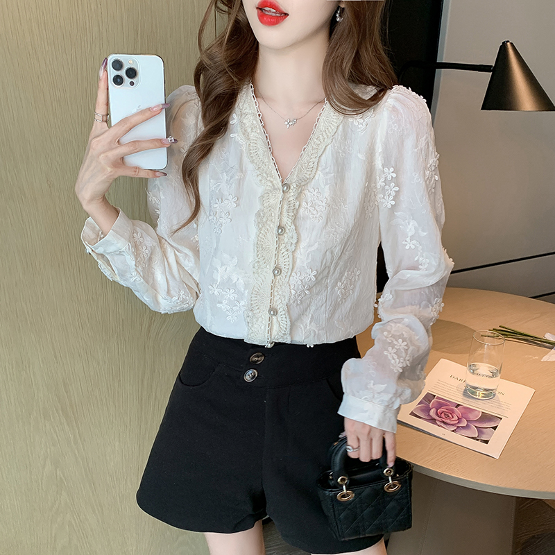 V-neck spring small shirt embroidered shirt for women