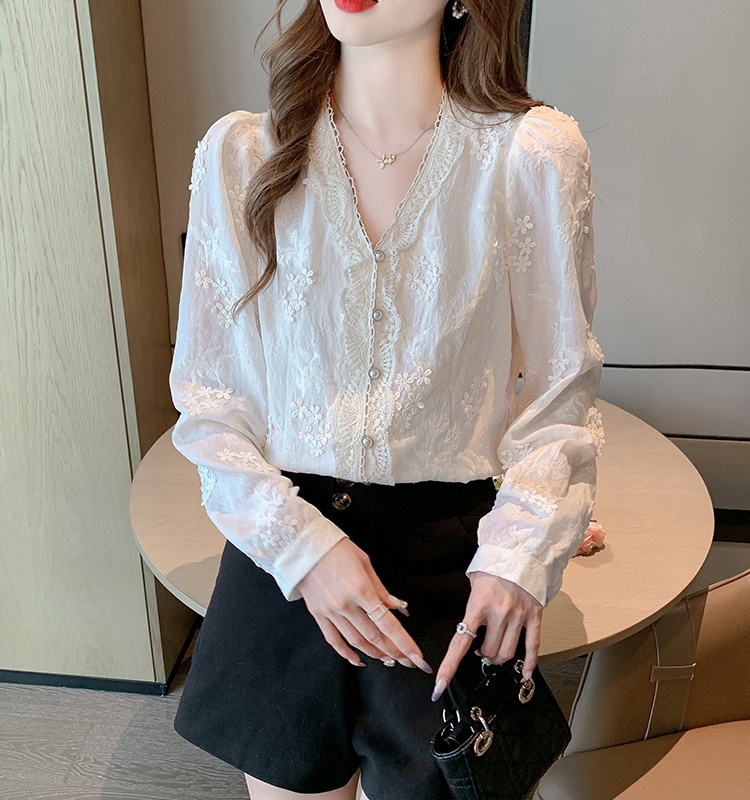 V-neck spring small shirt embroidered shirt for women