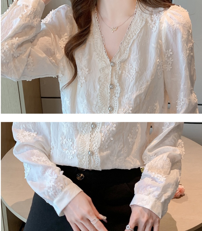 V-neck spring small shirt embroidered shirt for women