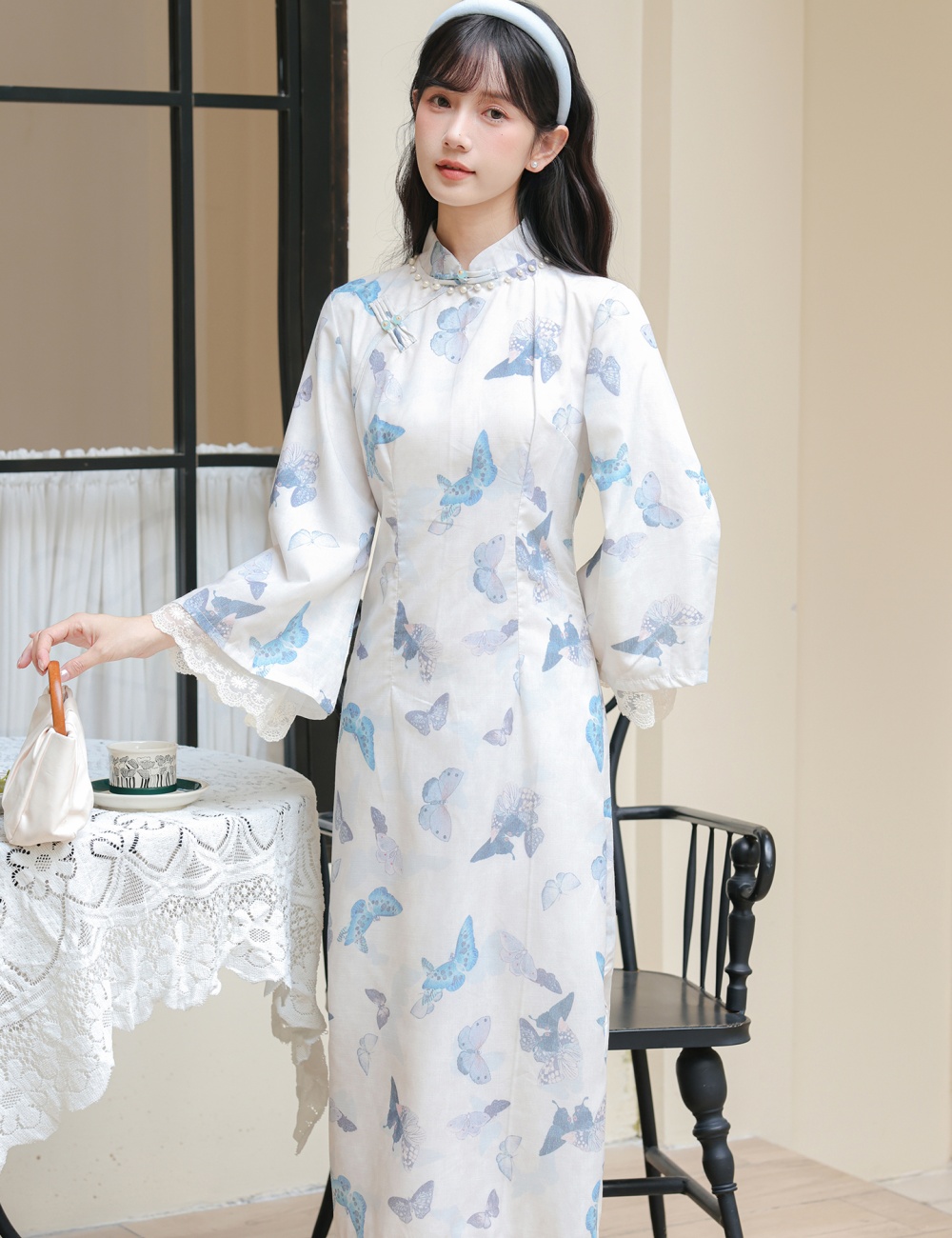 Butterfly big sleeve cheongsam printing light dress