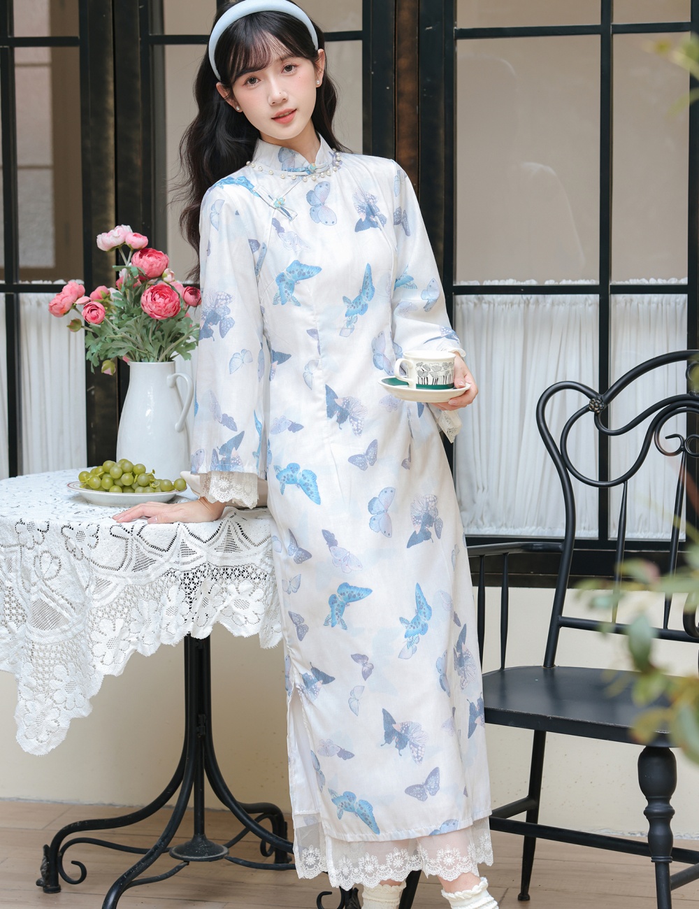 Butterfly big sleeve cheongsam printing light dress
