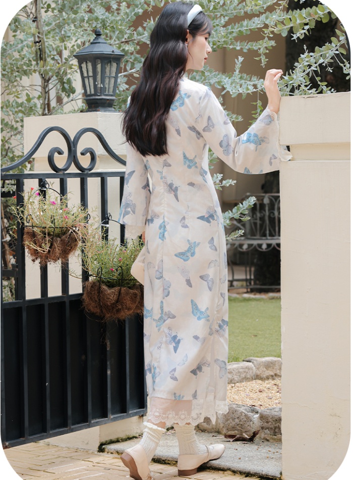 Butterfly big sleeve cheongsam printing light dress