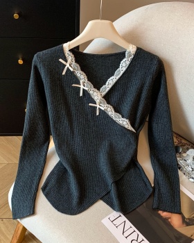 Slim cross winter tops V-neck bow lace sweater for women