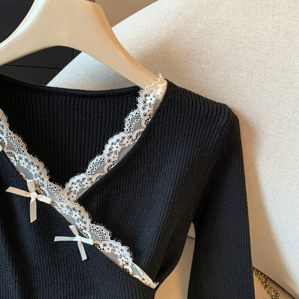 Slim cross winter tops V-neck bow lace sweater for women