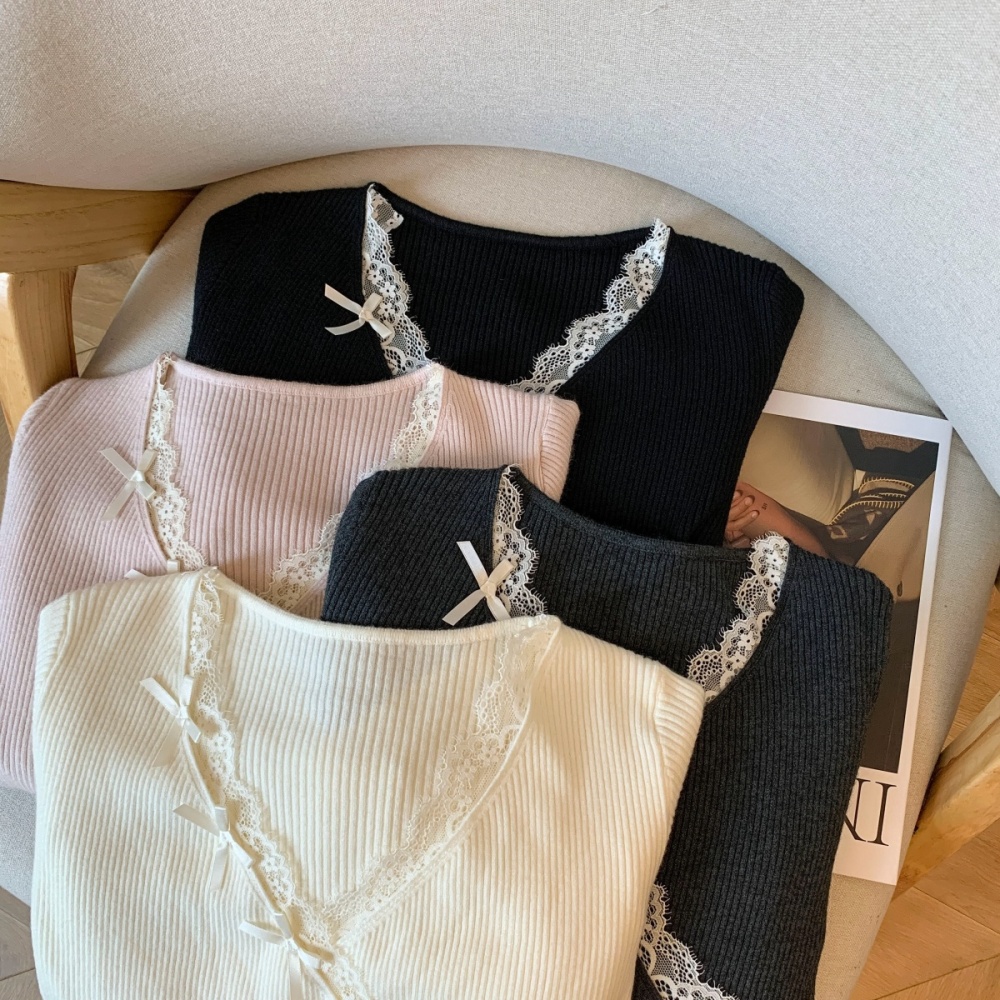 Slim cross winter tops V-neck bow lace sweater for women