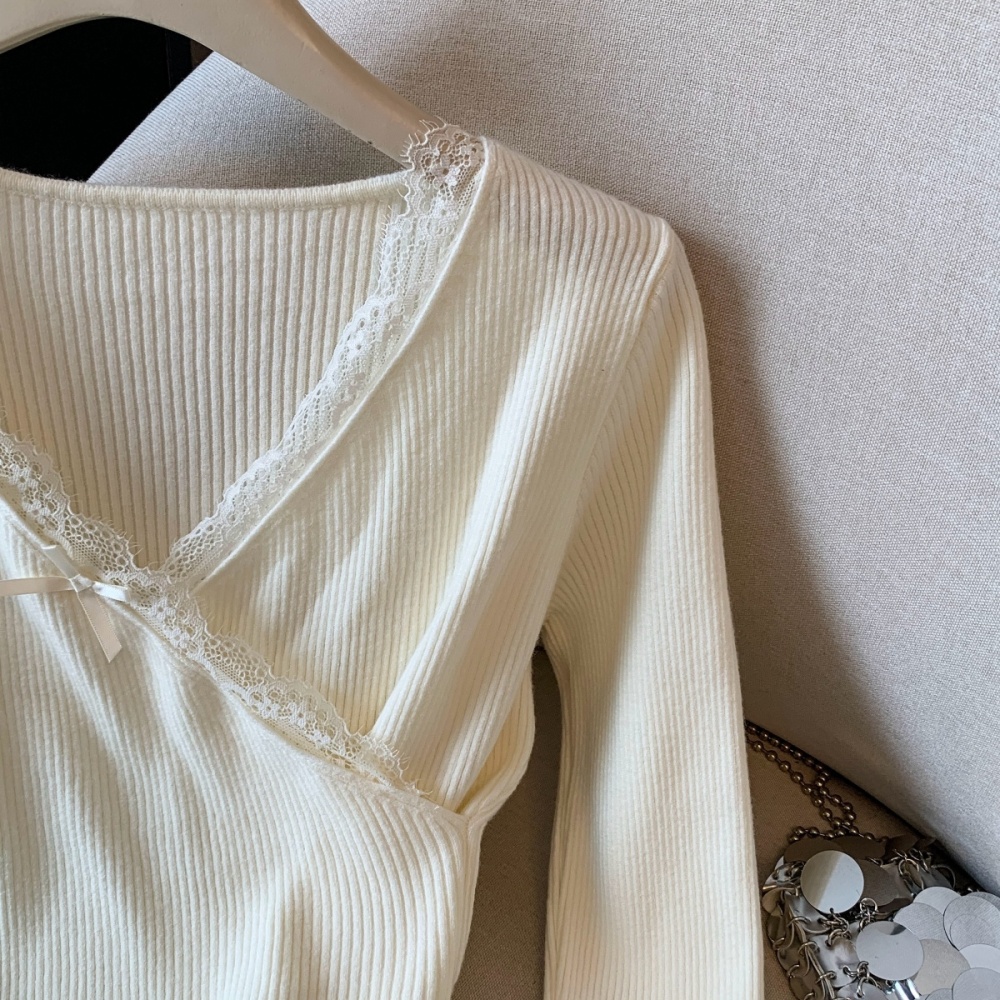 Slim cross winter tops V-neck bow lace sweater for women