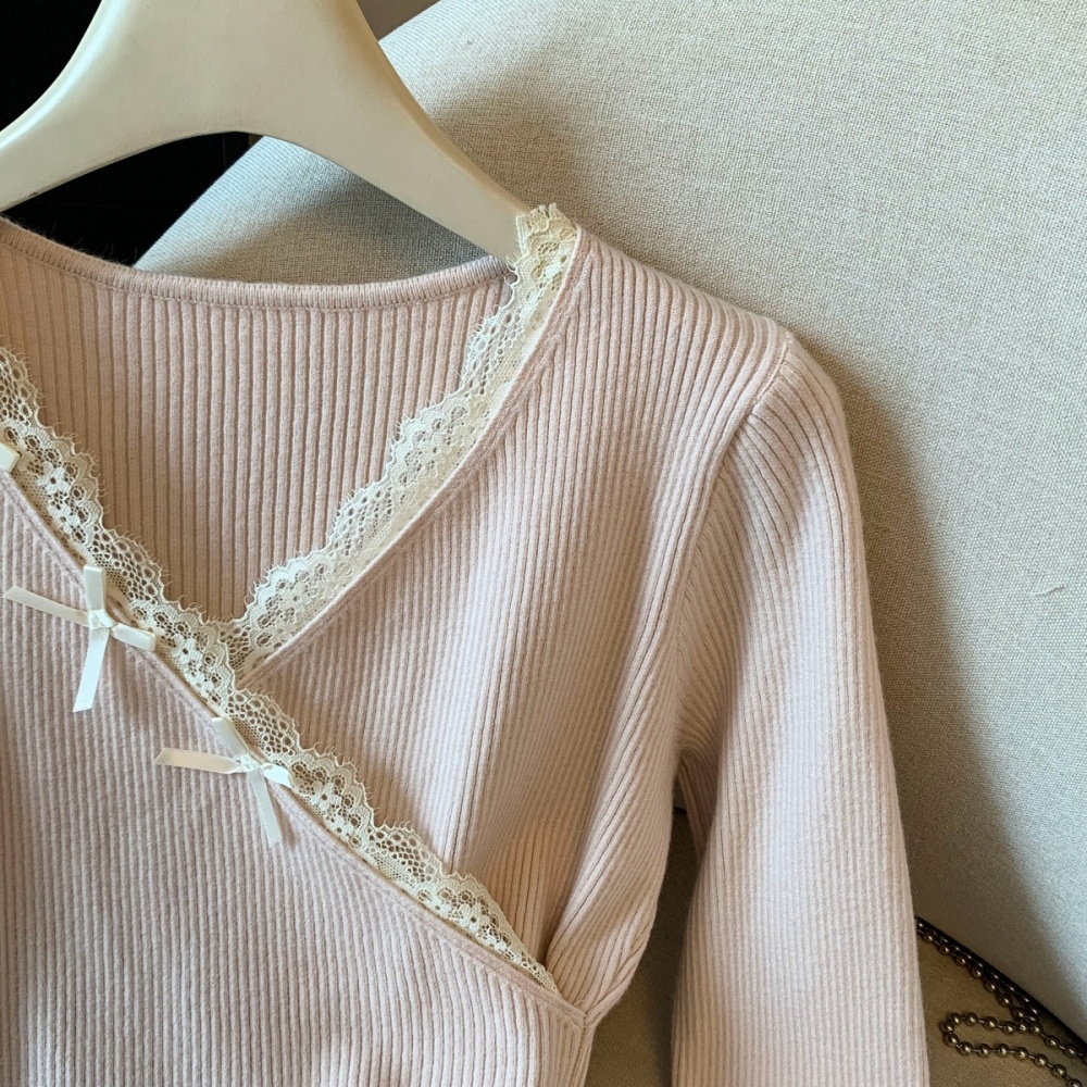 Slim cross winter tops V-neck bow lace sweater for women