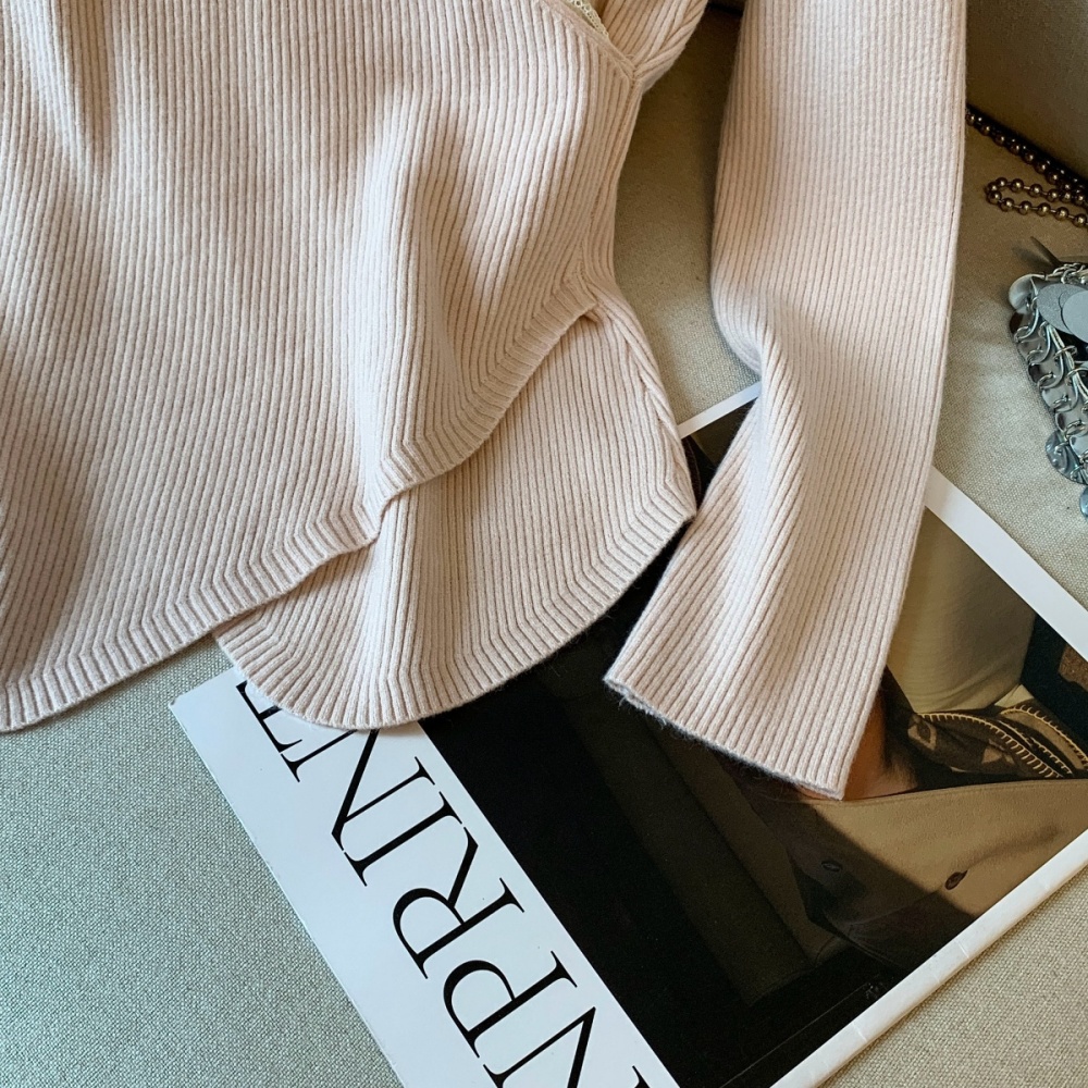 Slim cross winter tops V-neck bow lace sweater for women