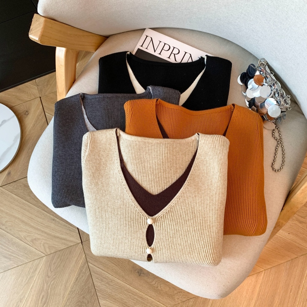 Long sleeve Casual Pseudo-two tops slim mixed colors sweater