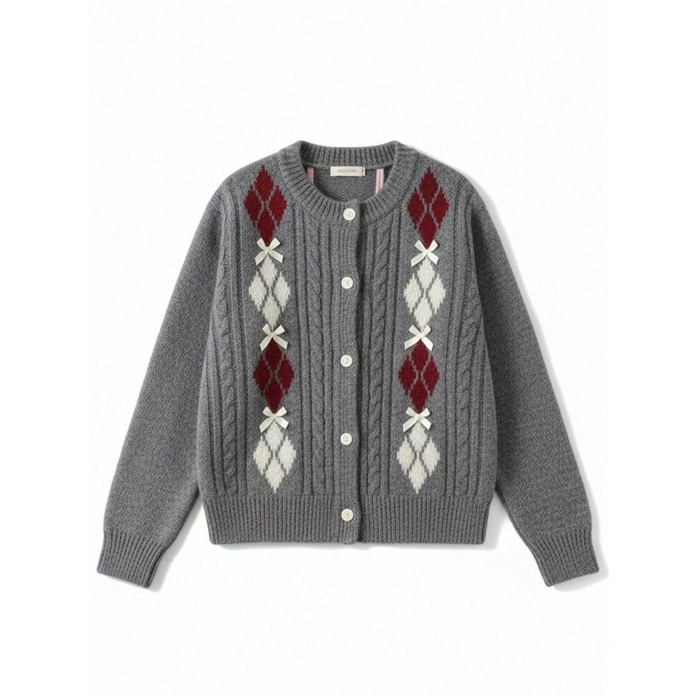 Round neck bow twist quilted spring sweater