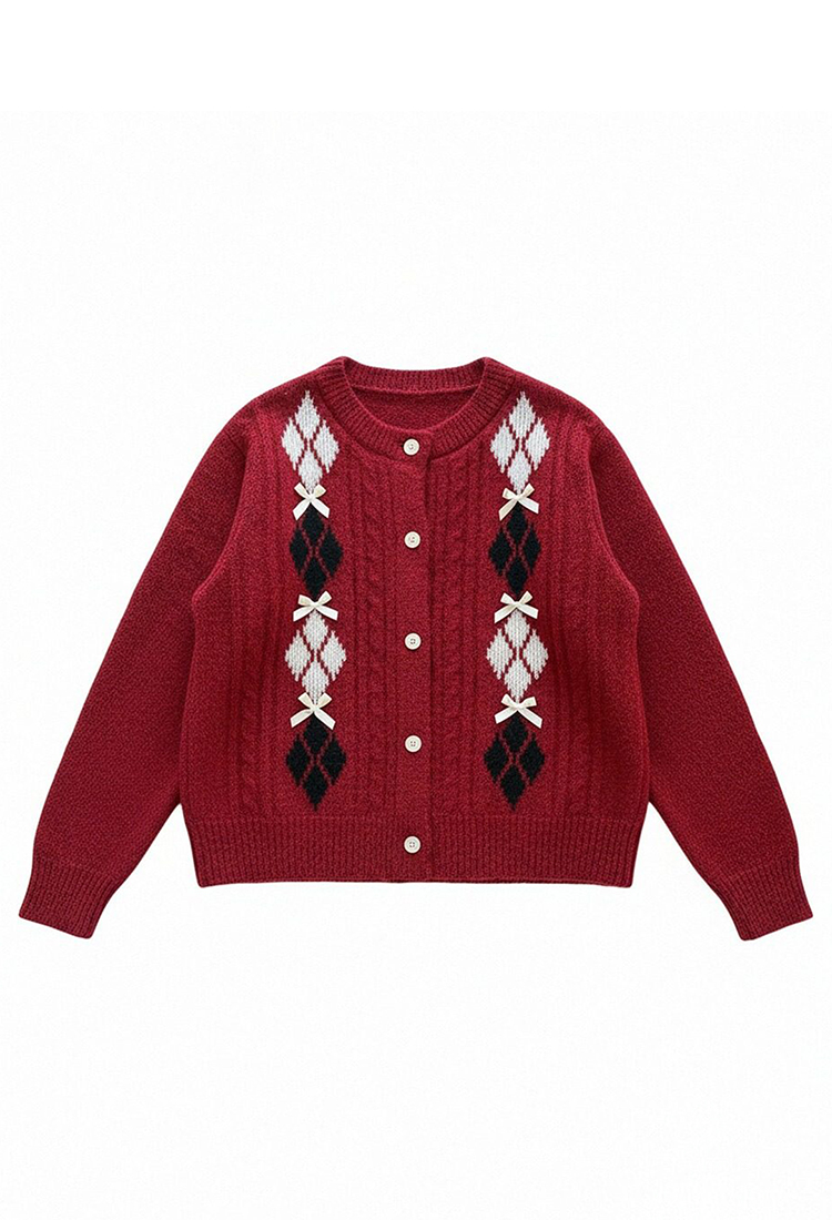 Round neck bow twist quilted spring sweater