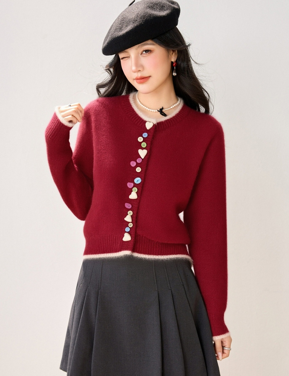 Round neck Casual tops spring buckle cardigan for women