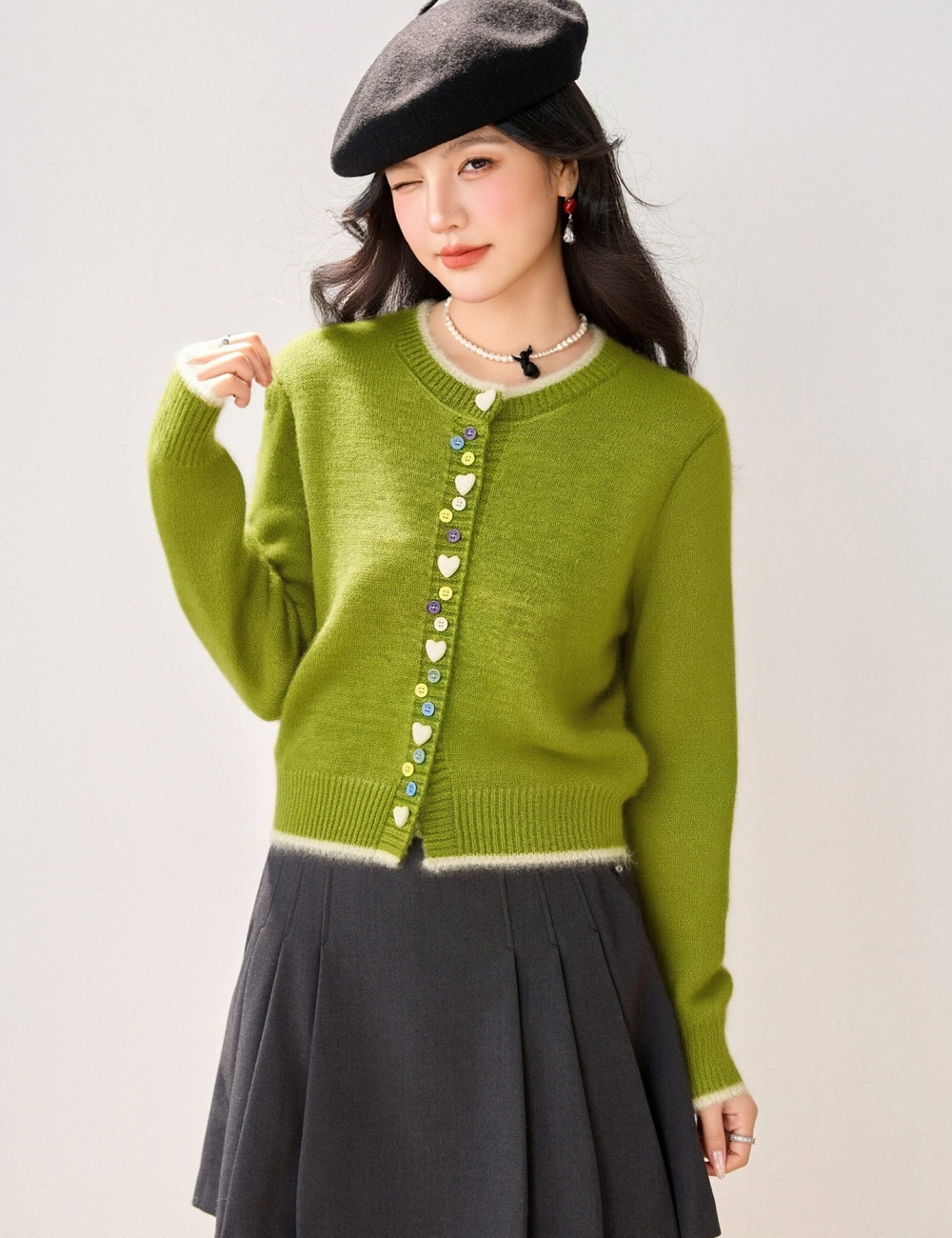 Round neck Casual tops spring buckle cardigan for women