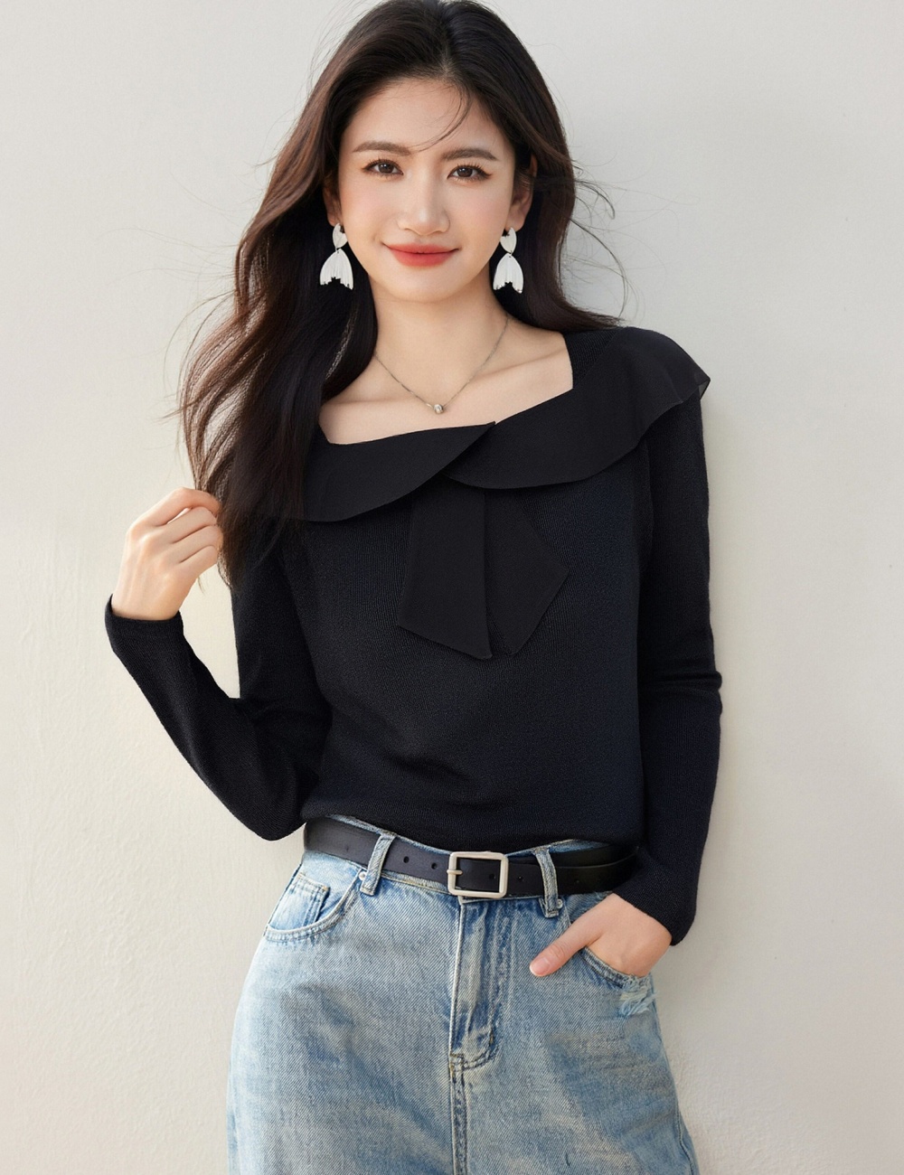 Bow all-match spring shirts tender slim pullover tops