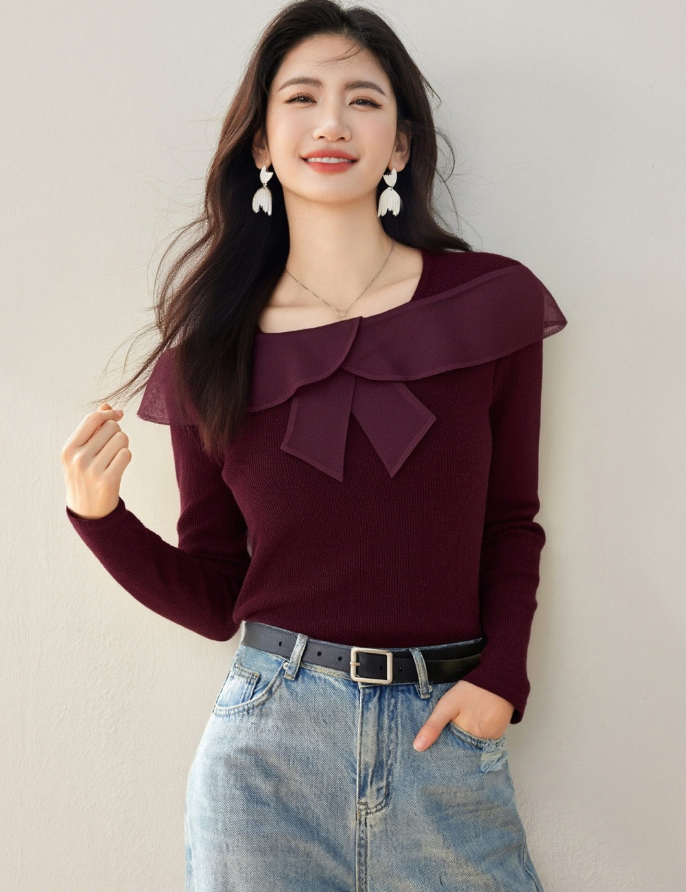 Bow all-match spring shirts tender slim pullover tops
