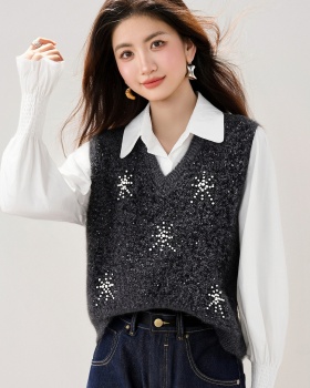 Beading snowflake slim vest spring knitted waistcoat for women