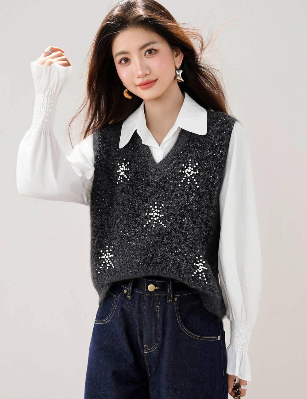Beading snowflake slim vest spring knitted waistcoat for women