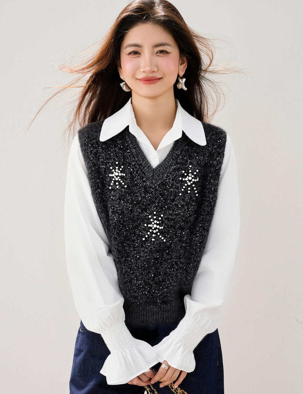 Beading snowflake slim vest spring knitted waistcoat for women