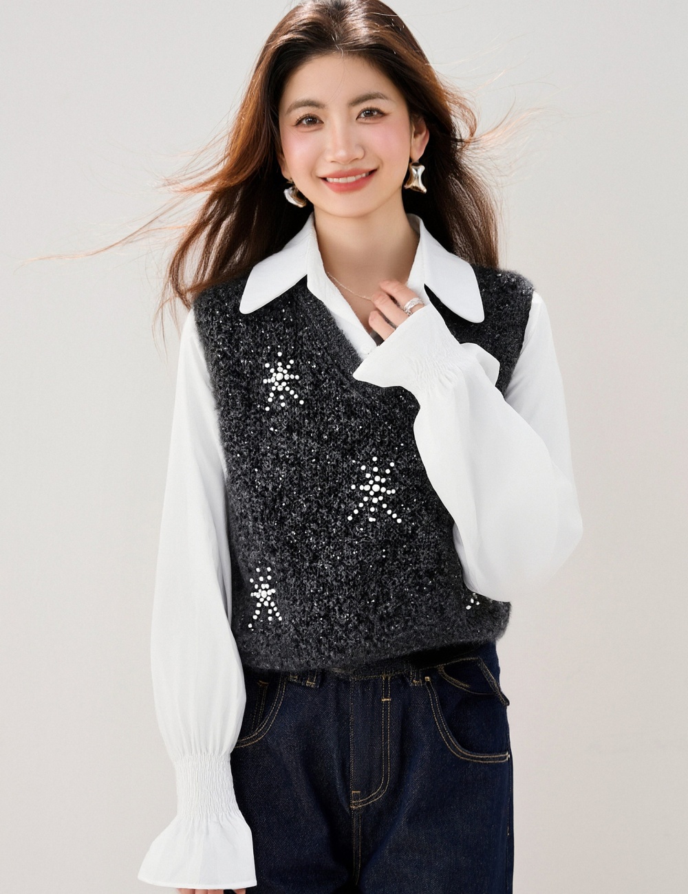 Beading snowflake slim vest spring knitted waistcoat for women