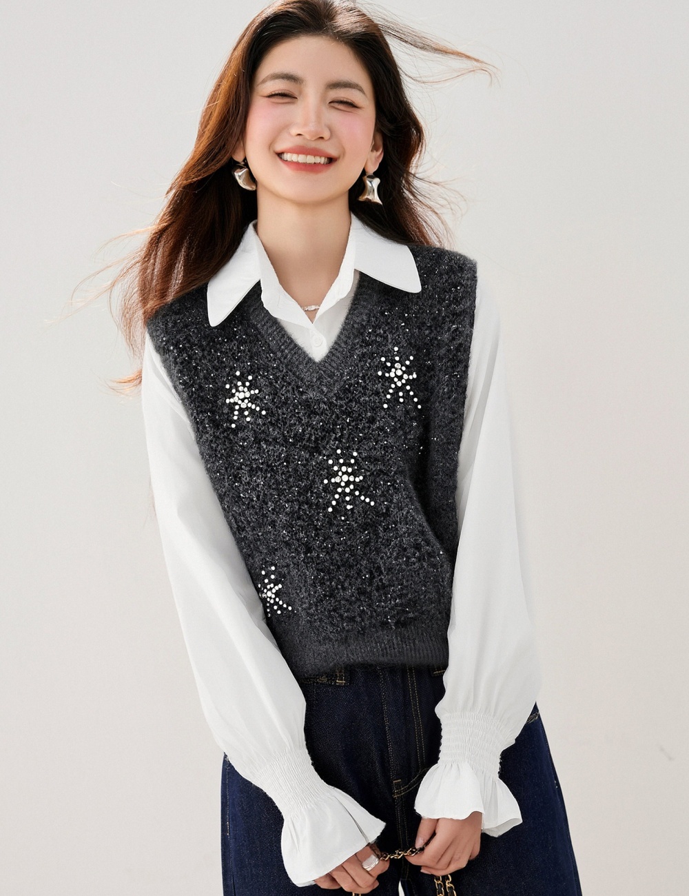 Beading snowflake slim vest spring knitted waistcoat for women