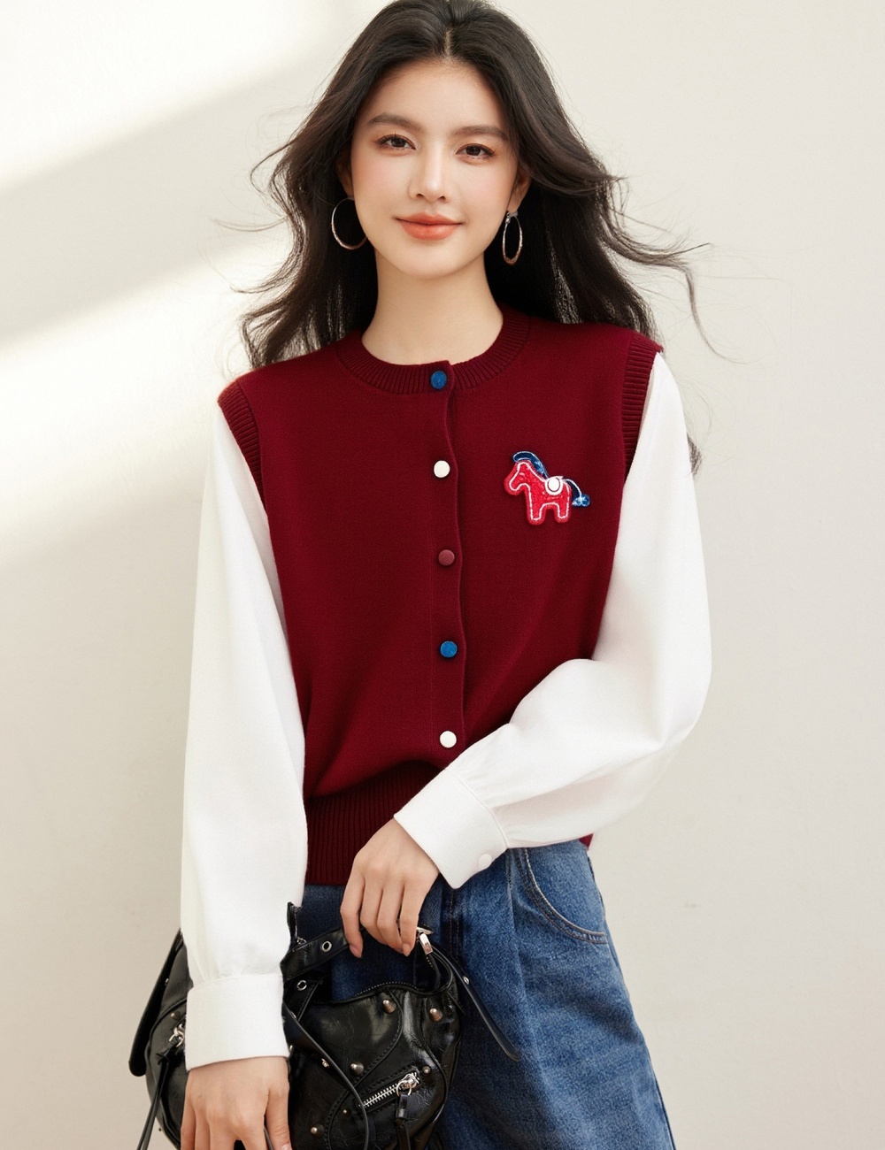 Mixed colors unique shirt Pseudo-two tops for women