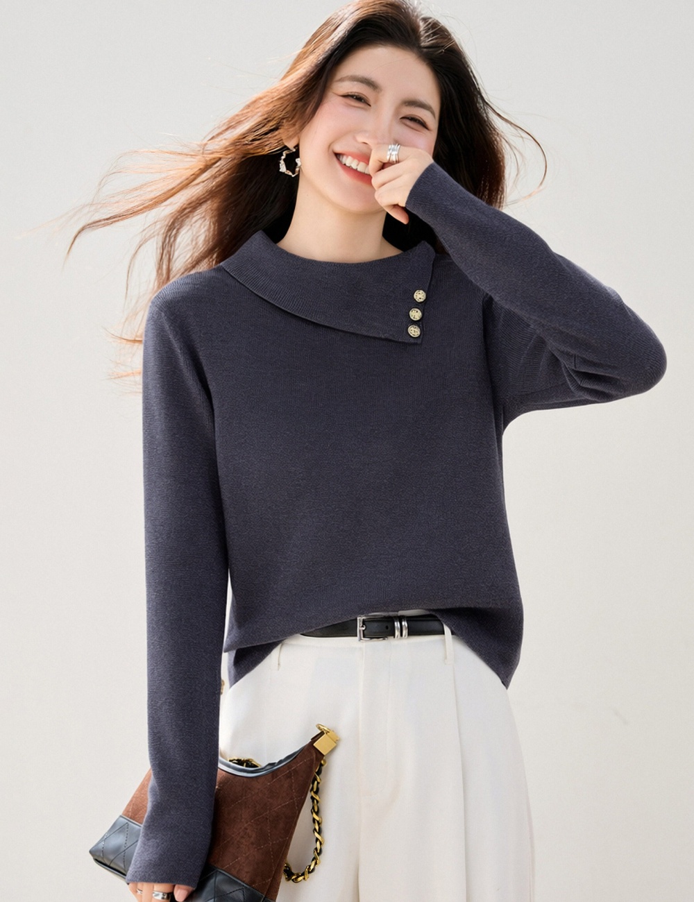 Retro spring tops France style buckle sweater