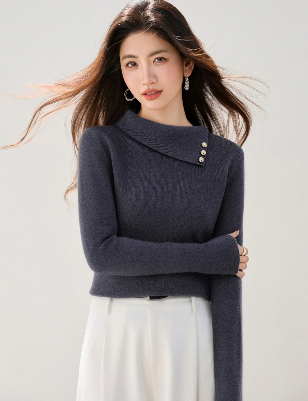 Retro spring tops France style buckle sweater