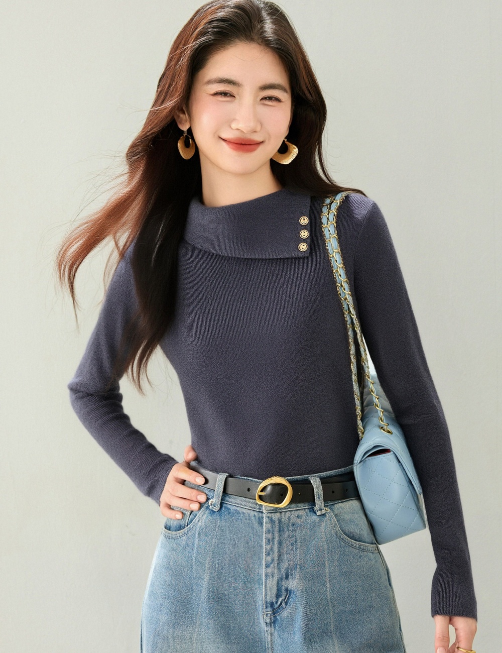 Retro spring tops France style buckle sweater