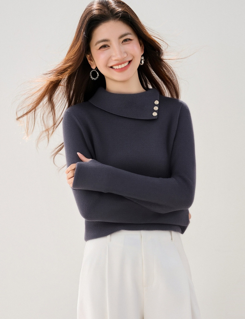 Retro spring tops France style buckle sweater