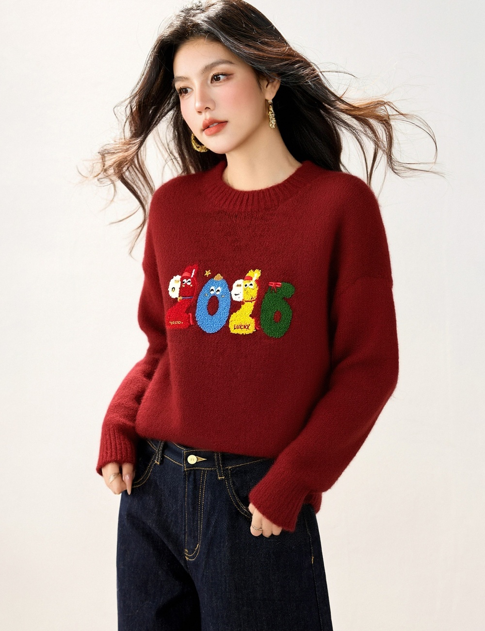 All-match pony show young tops loose embroidery sweater