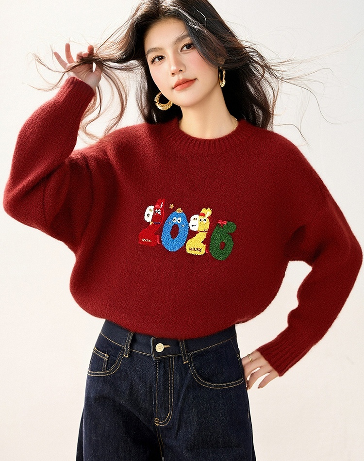 All-match pony show young tops loose embroidery sweater