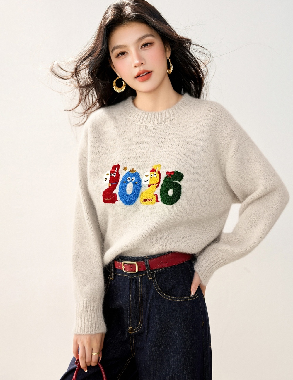 All-match pony show young tops loose embroidery sweater