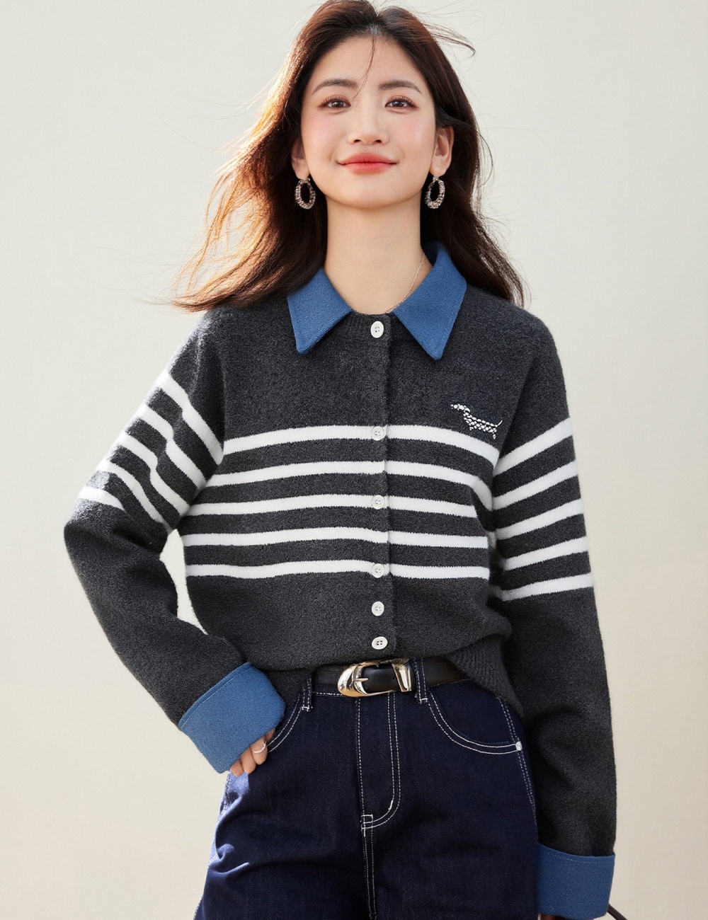 Spring embroidery puppy sweater denim lapel cardigan