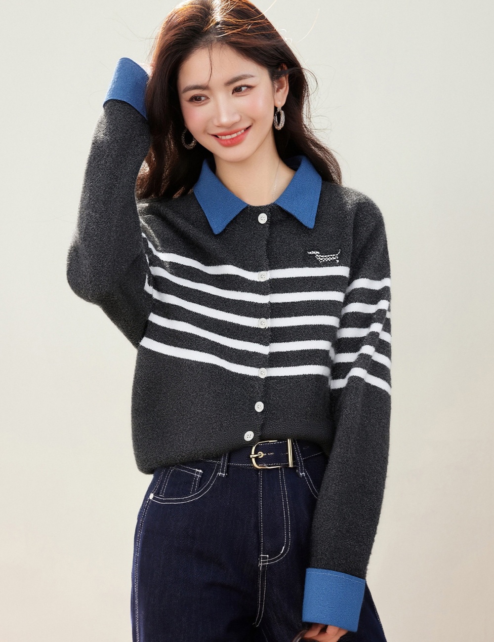 Spring embroidery puppy sweater denim lapel cardigan