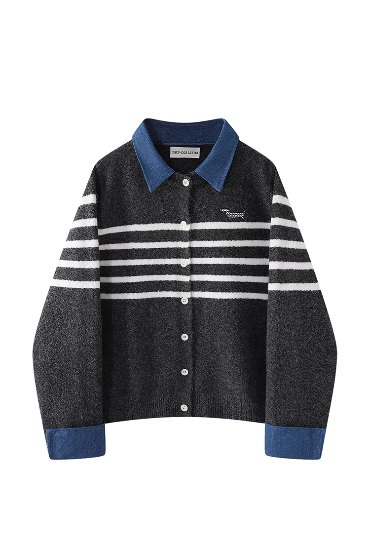 Spring embroidery puppy sweater denim lapel cardigan
