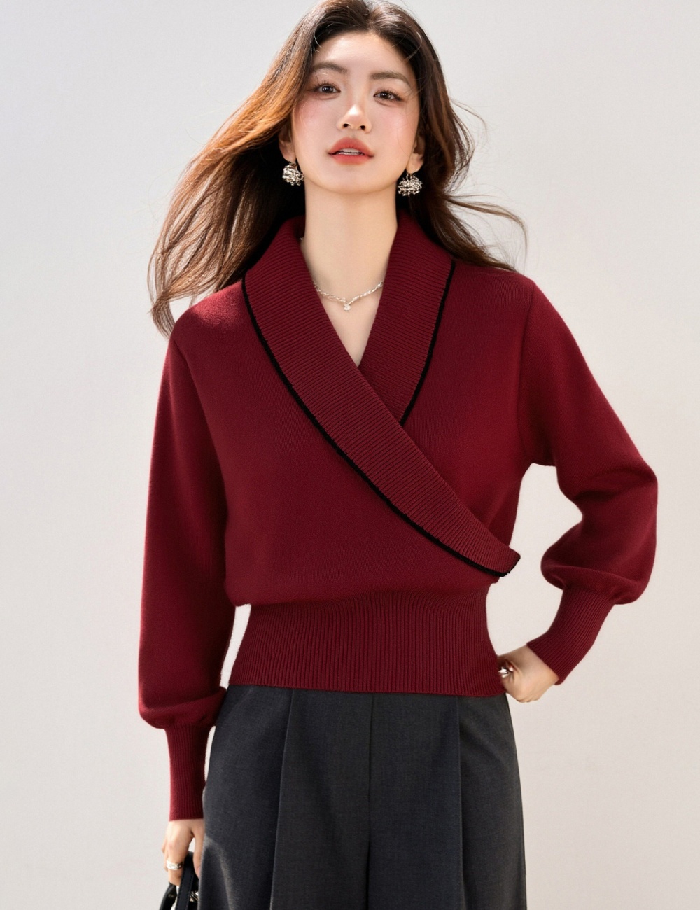 V-neck temperament France style slim spring sweater