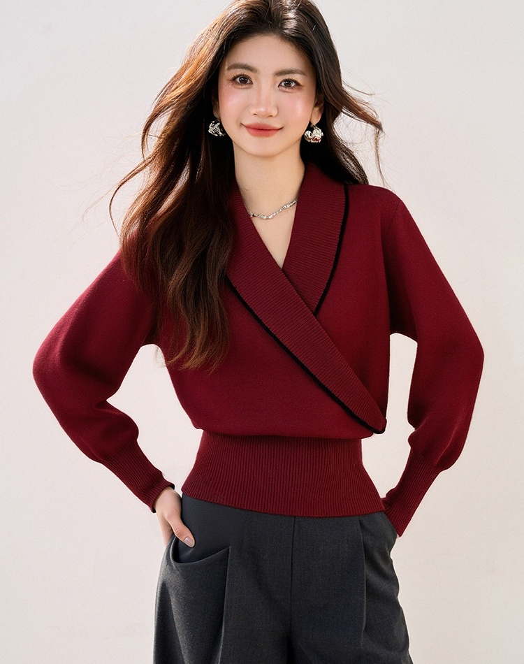 V-neck temperament France style slim spring sweater