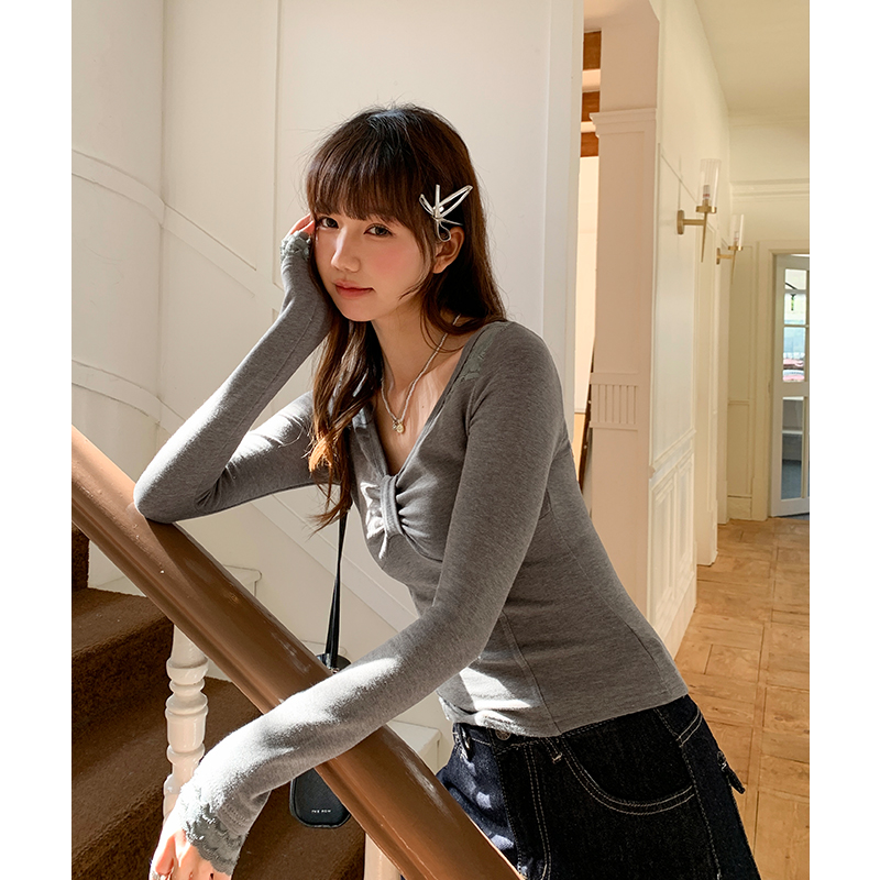 Lace slim bottoming shirt long sleeve sueding T-shirt