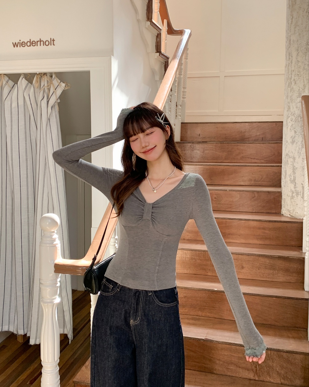 Lace slim bottoming shirt long sleeve sueding T-shirt
