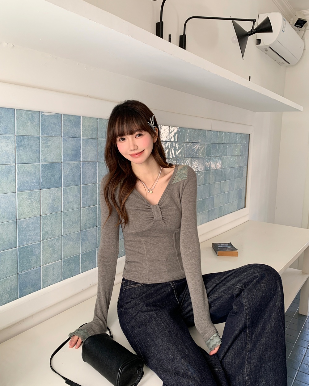 Lace slim bottoming shirt long sleeve sueding T-shirt