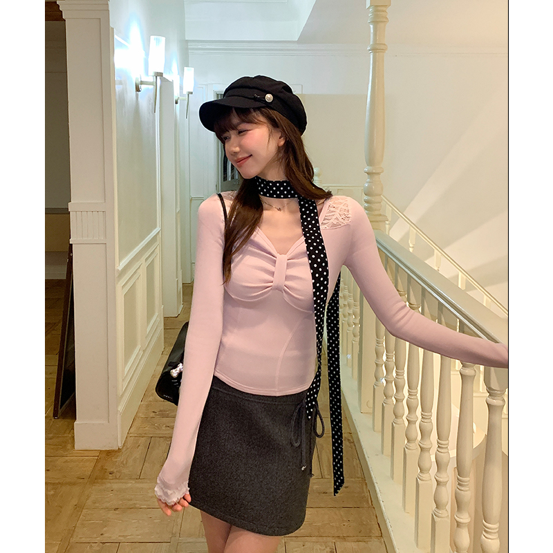 Lace slim bottoming shirt long sleeve sueding T-shirt