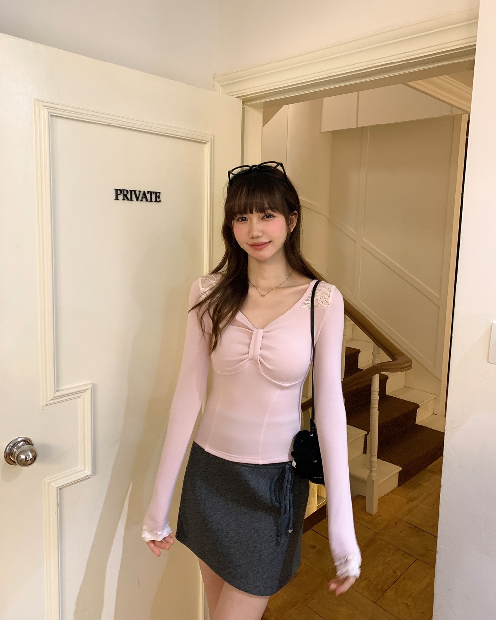 Lace slim bottoming shirt long sleeve sueding T-shirt
