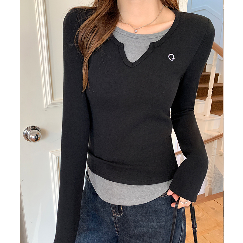 Pseudo-two gray bottoming shirt long sleeve T-shirt for women