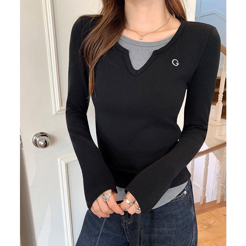 Pseudo-two gray bottoming shirt long sleeve T-shirt for women