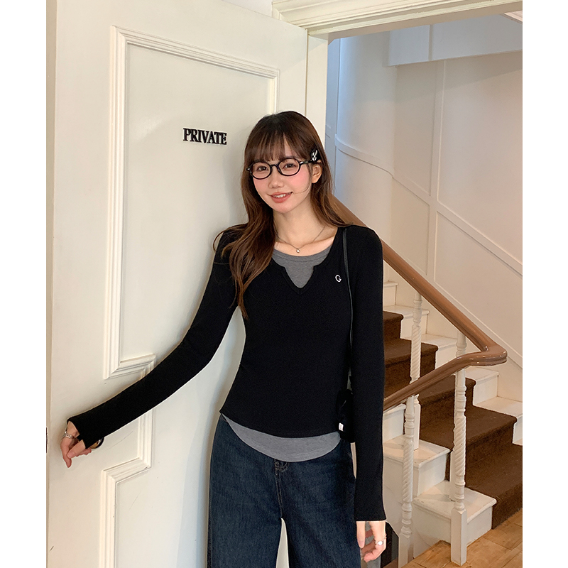 Pseudo-two gray bottoming shirt long sleeve T-shirt for women