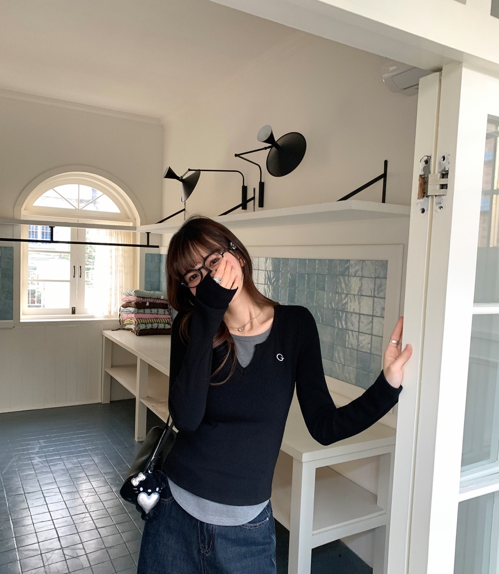 Pseudo-two gray bottoming shirt long sleeve T-shirt for women