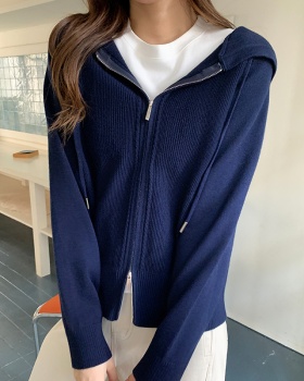 Navy-blue Casual loose double zip cardigan