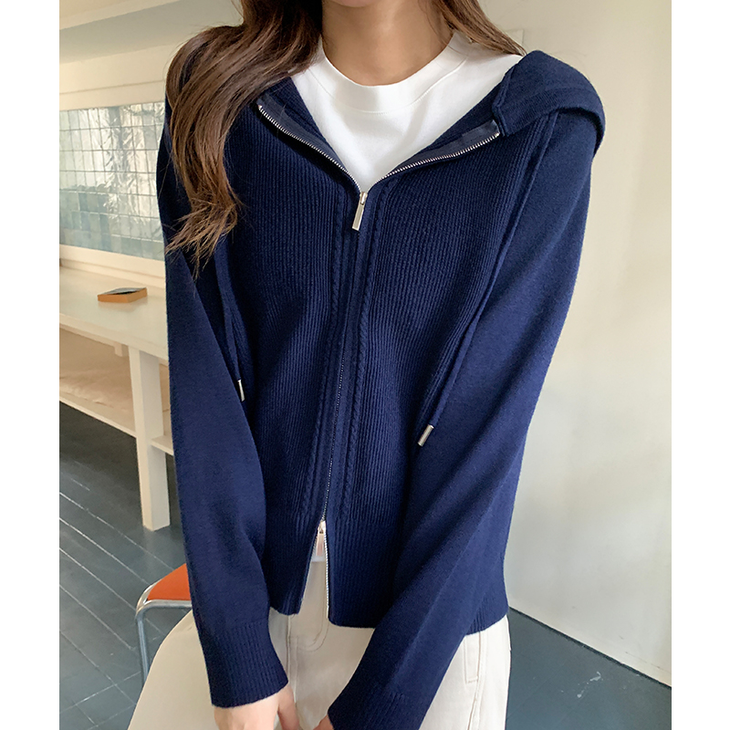 Navy-blue Casual loose double zip cardigan