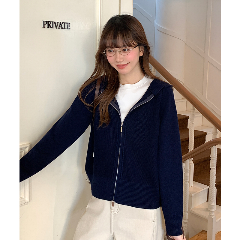 Navy-blue Casual loose double zip cardigan